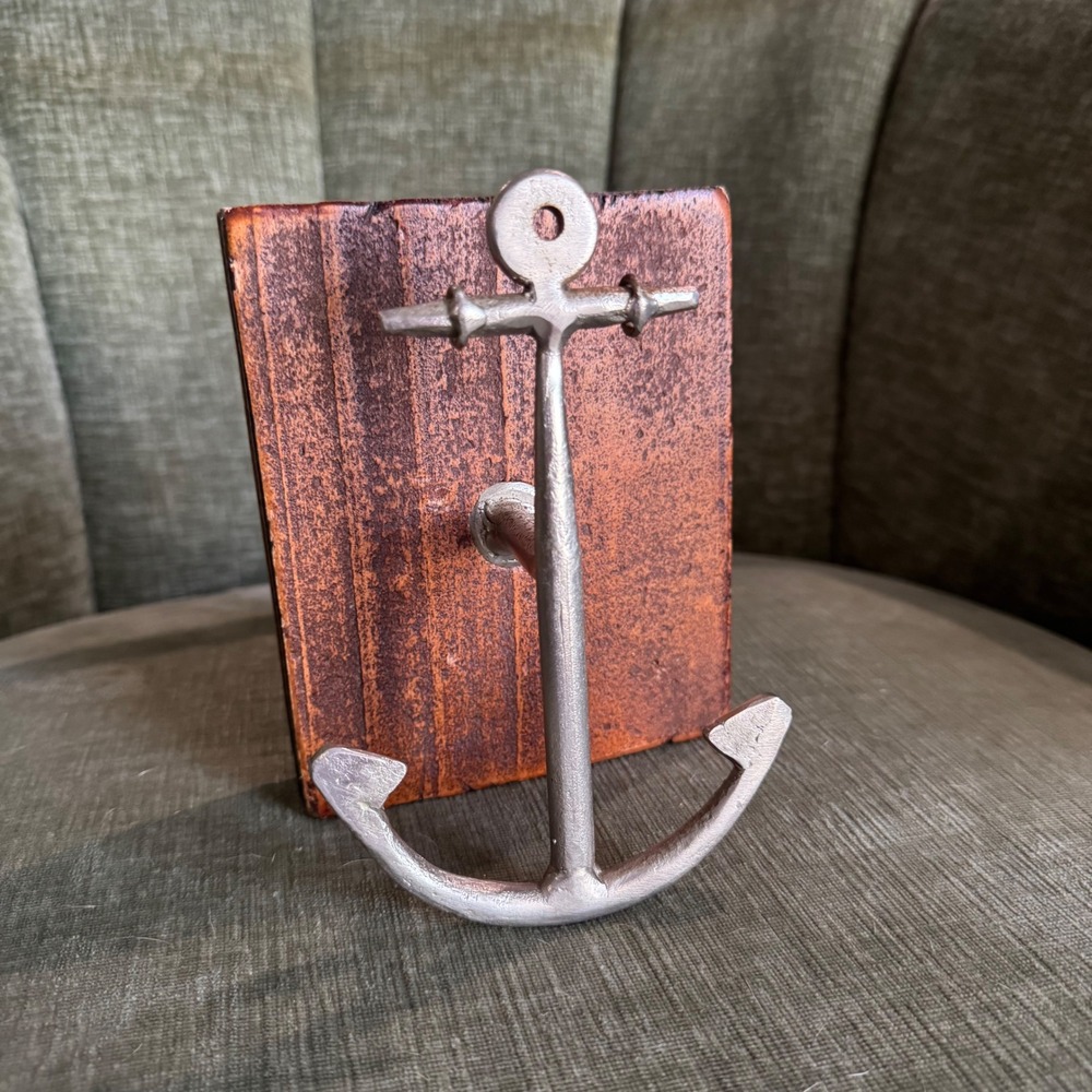 Nautical Anchor Wall Decor Silver Brown Wood Block Coastal Towel Hook Beachhouse